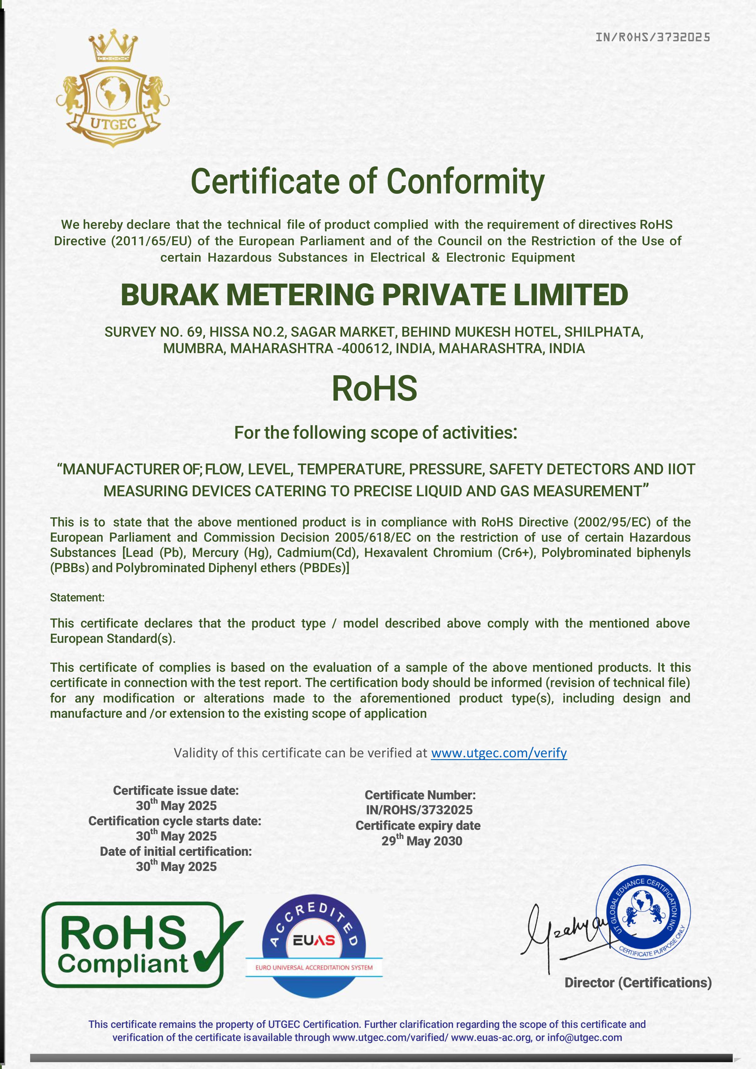 RoHs - Certificate of Conformity